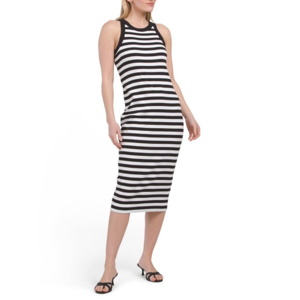 ELIE TAHARI Black/White Pima Cotton Blend Sleeveless Crew Neck Dress